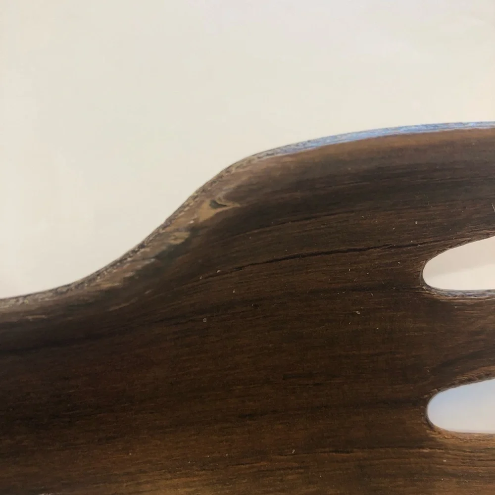 MCM wooden salad servers fork and spoon with decorative metal accents. Geometric